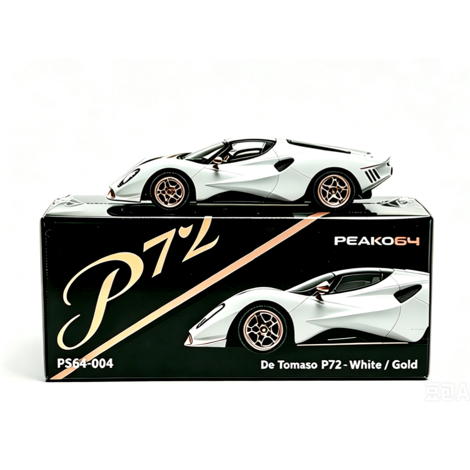 Peako Model 1/64 De Tomaso P72 Diecast Scale Model – White w/ Gold Strip (Pre-Order)