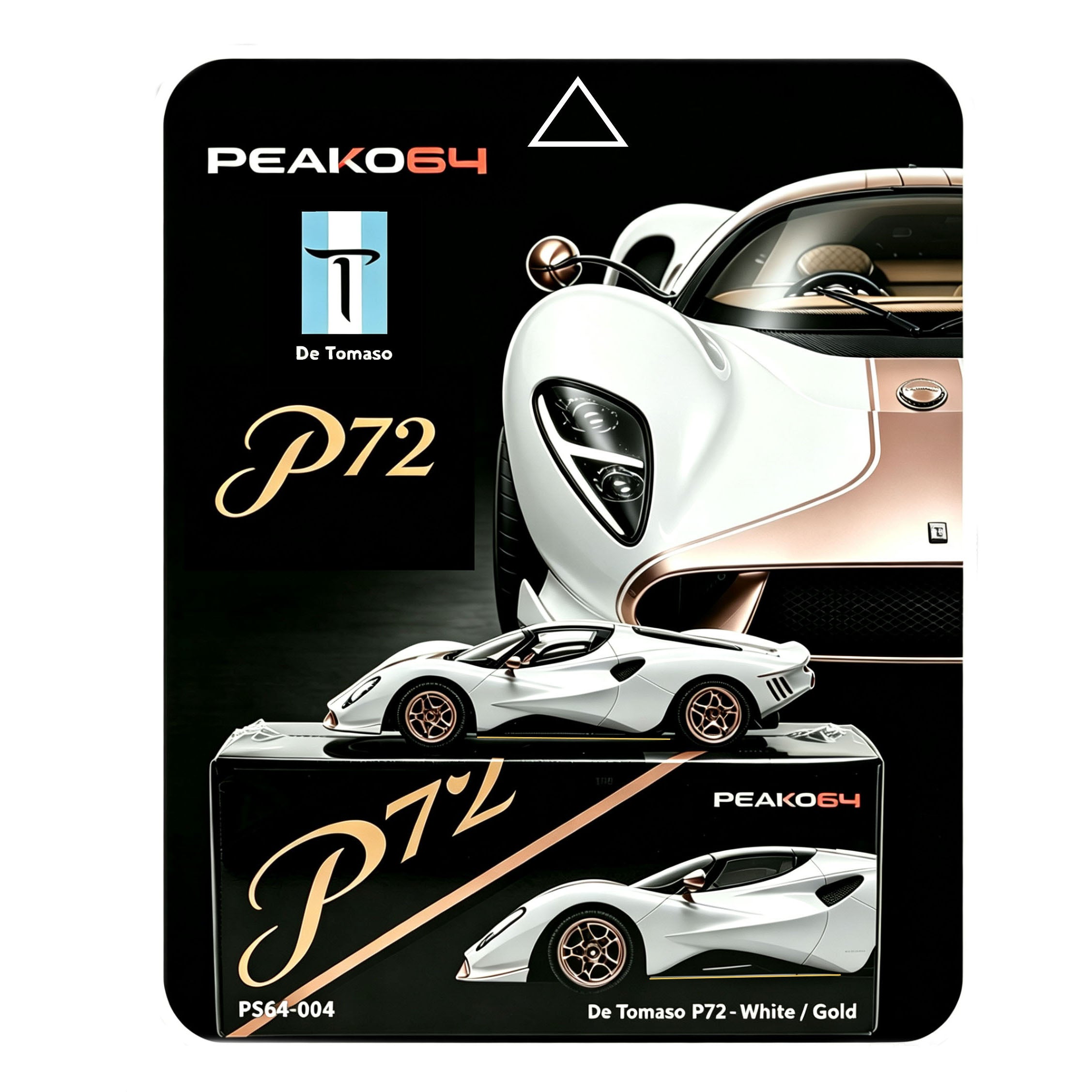 Peako Model 1/64 De Tomaso P72 Diecast Scale Model – White w/ Gold Strip (Pre-Order)